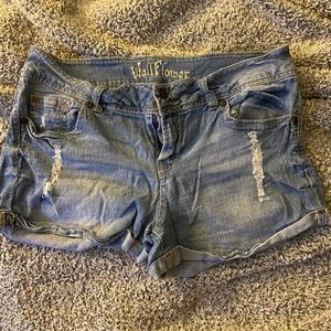blue ripped high rise denim shorts